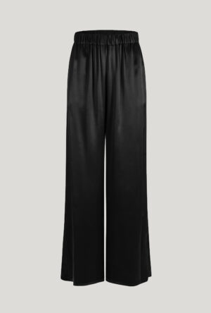 Black silk pants with high waist and wide legs