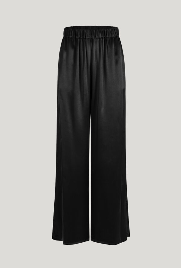 Black silk pants with high waist and wide legs