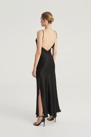 Silk satin black maxi dress with open back