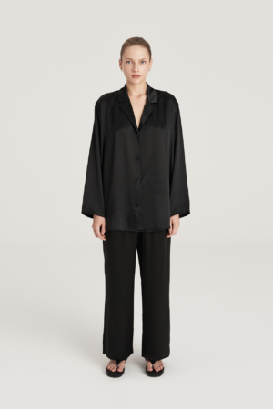 Silk satin pyjama set: black oversized shirt and wide leg pants
