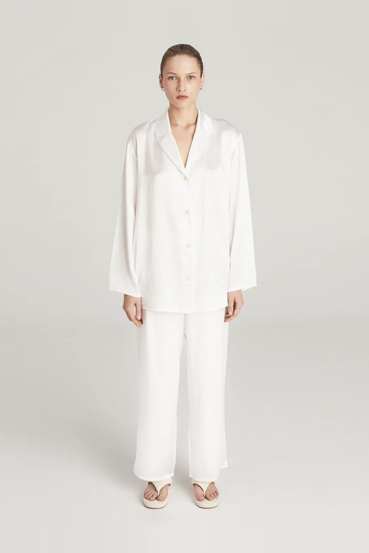 Silk satin pyjama set: white oversized shirt and wide leg pants