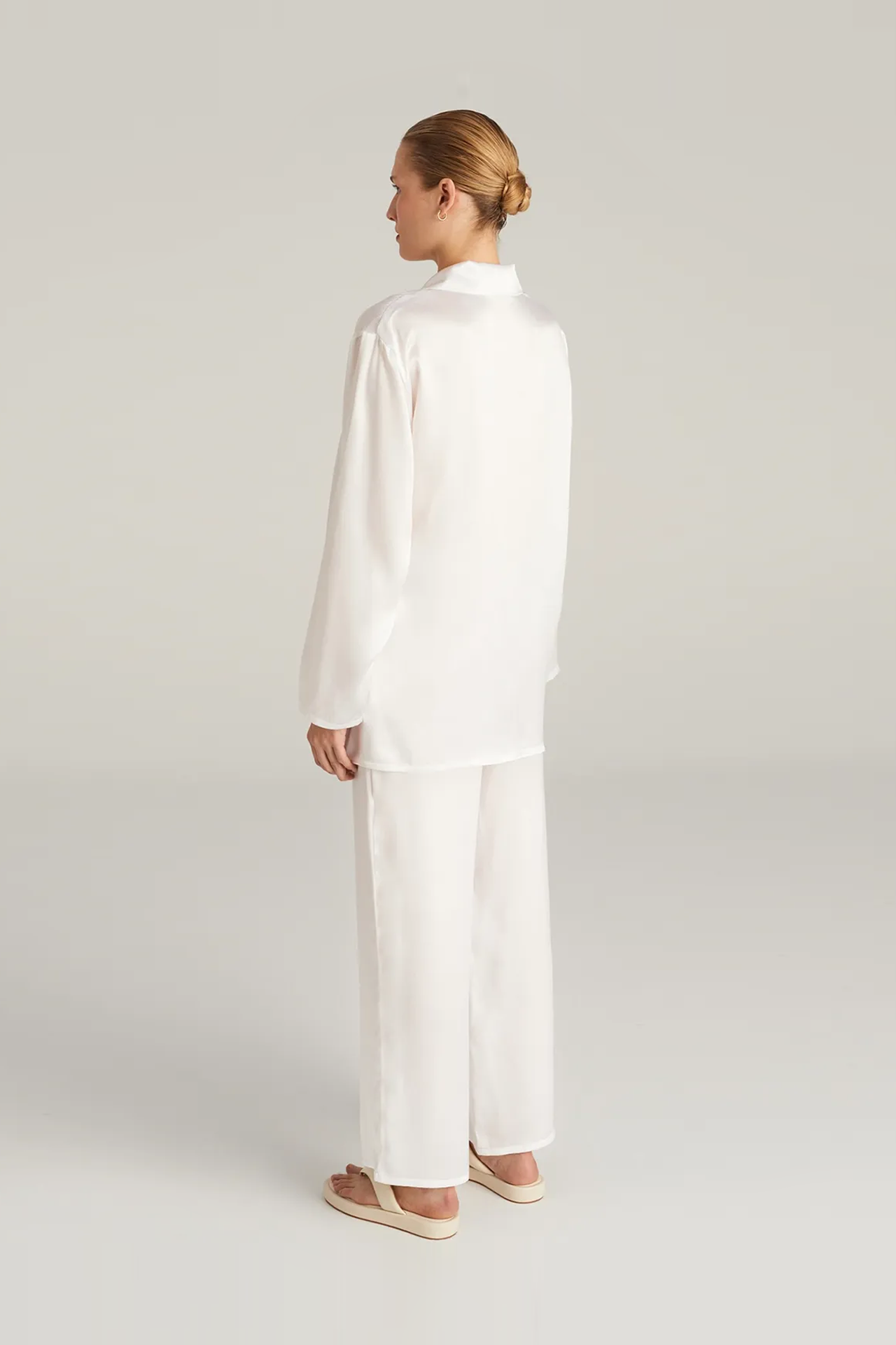 Silk satin pyjama set: white oversized shirt and wide leg pants