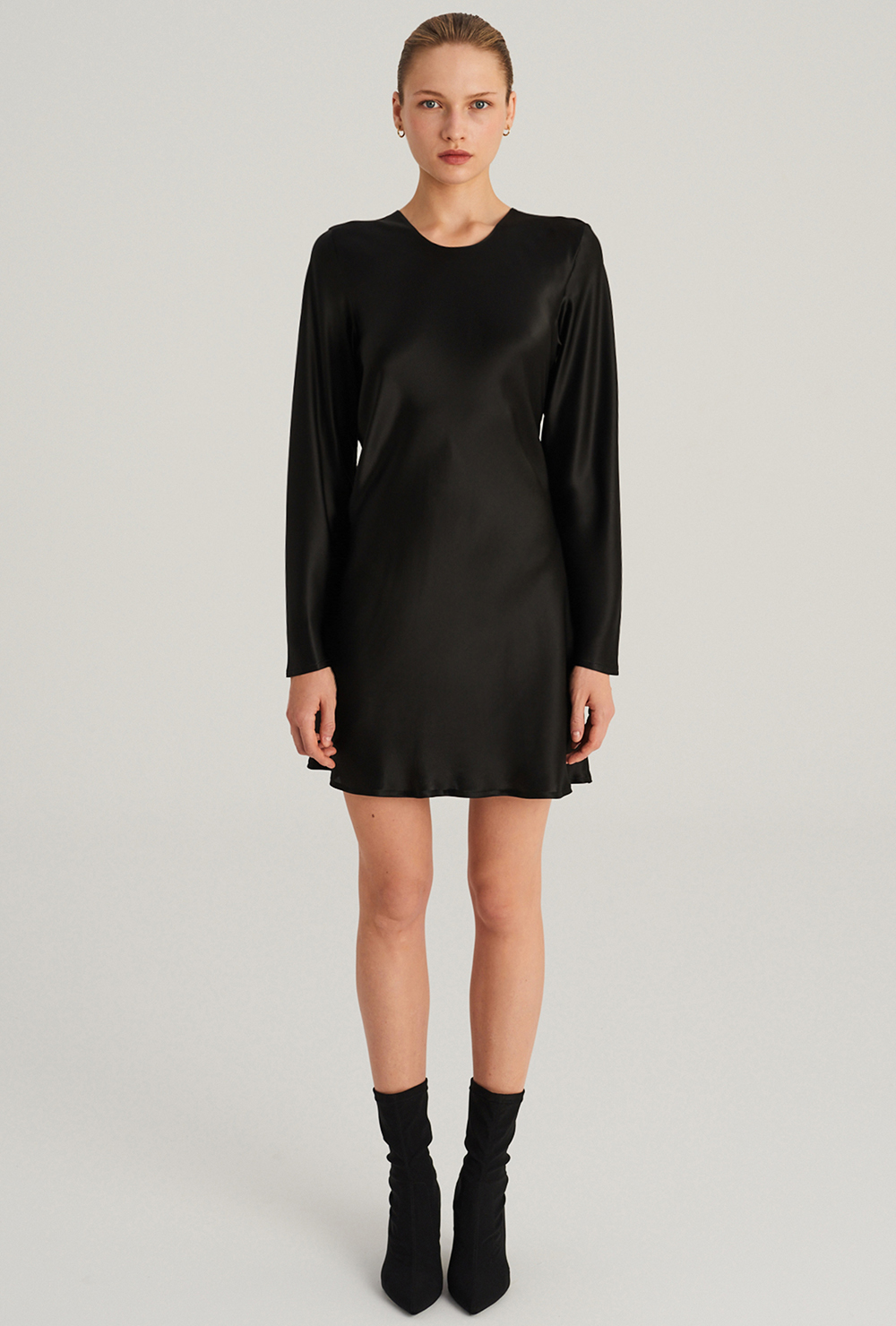 Black silk long-sleeved mini dress