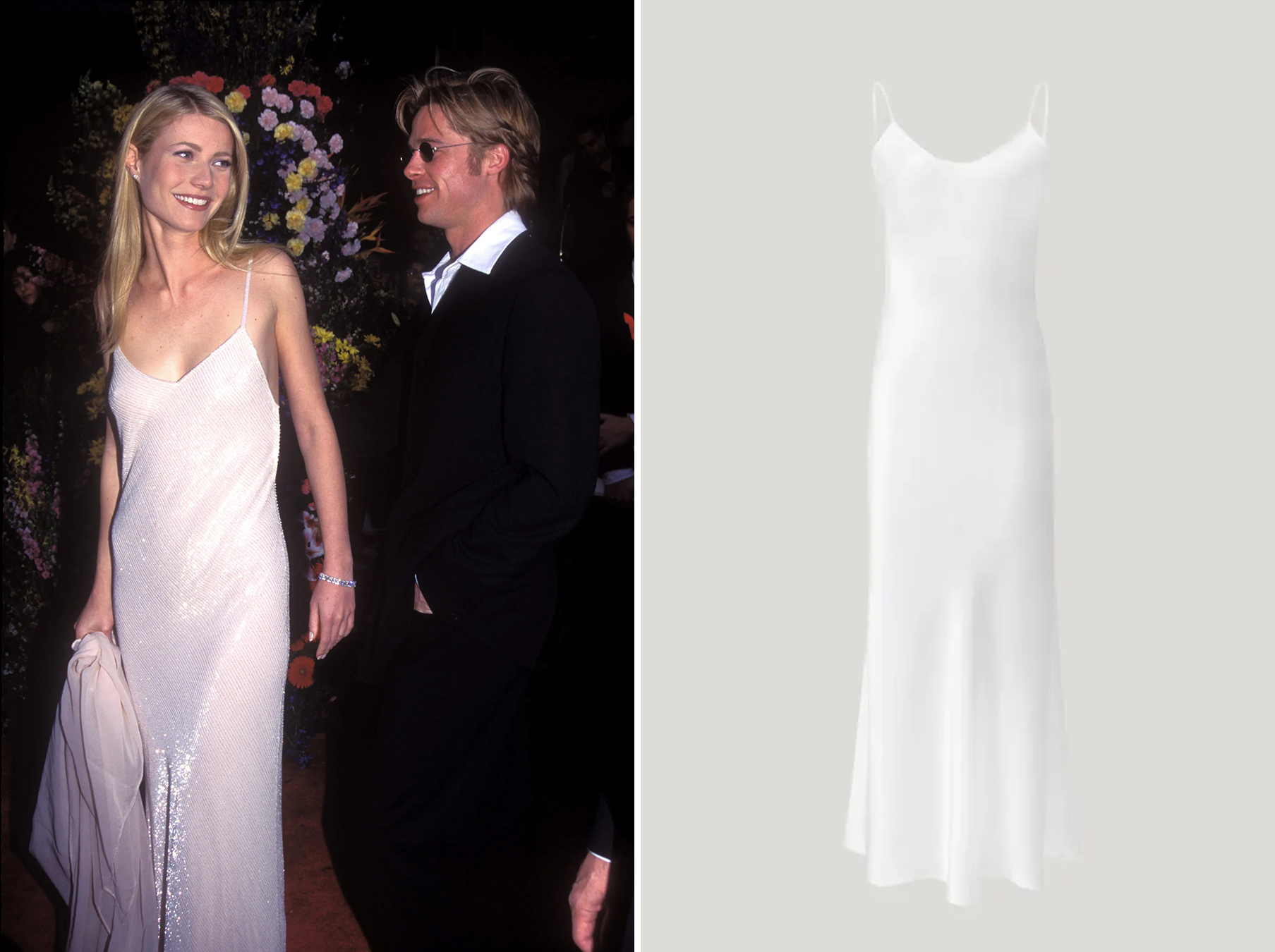 Gwyneth Paltrow w białej jedwabnej sukience o długości maxi
