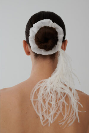 White silk organza hair scrunchie with feathers