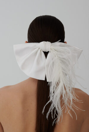 White silk satin hair bow clip with feathers