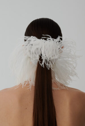 White silk hair scrunchie with feathers