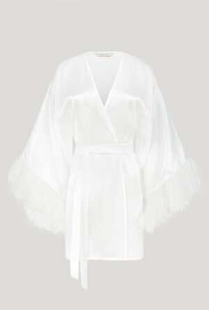 Silk bridal kimono robe in white decorated with feathers