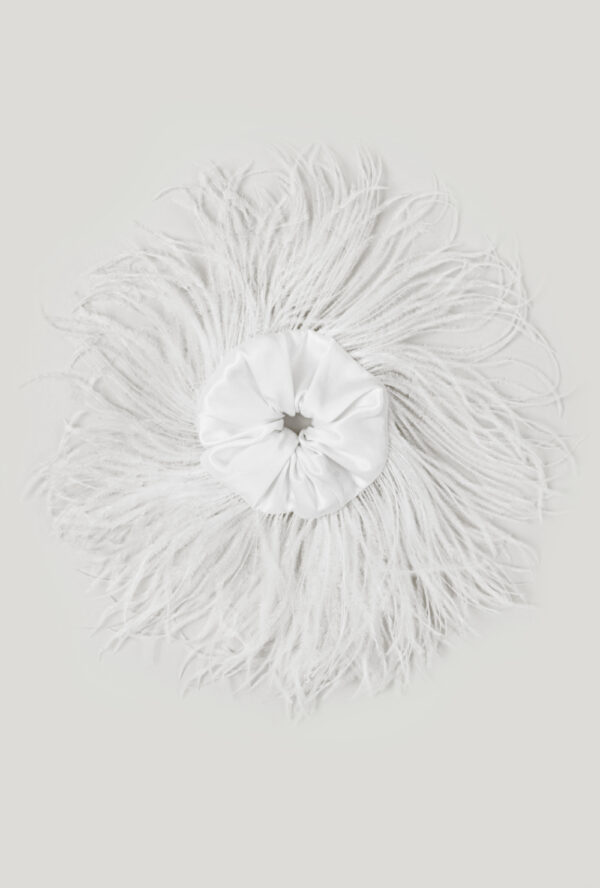 White silk bun scrunchie with feathers