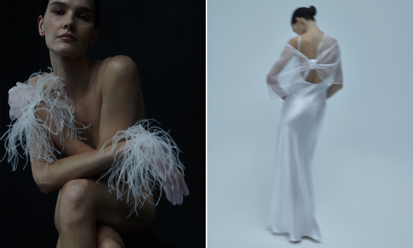 White silk dress and gloves with natural ostrich feathers