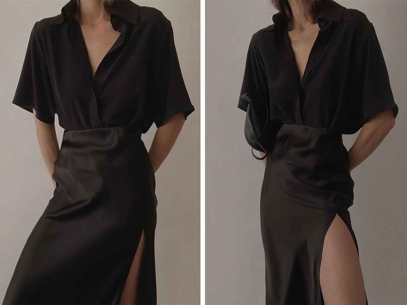 Black silk shirt and midi skirt
