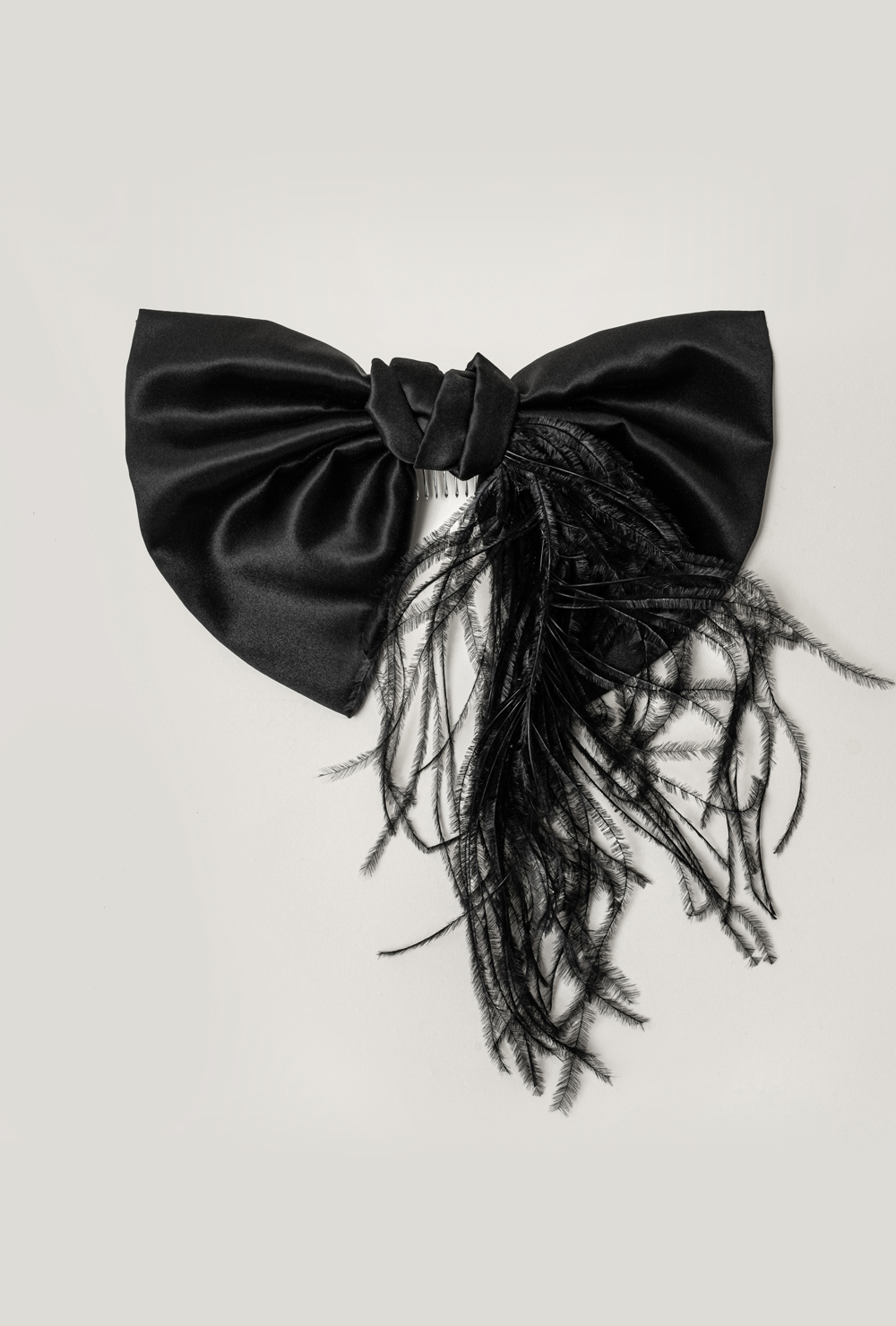 Silk black hair bow with feathers