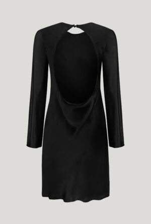 Black silk mini dress with long sleeves and cutout on the back