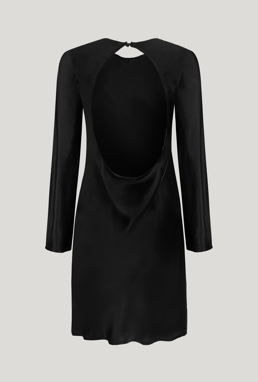 Black silk mini dress with long sleeves and cutout on the back