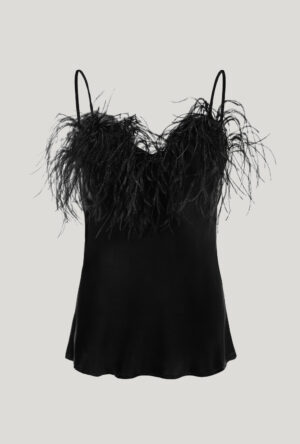 Black silk strappy top with feathers on the neckline