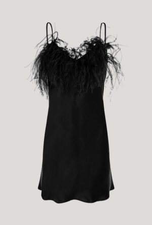 Black silk mini dress with natural feathers on the neckline
