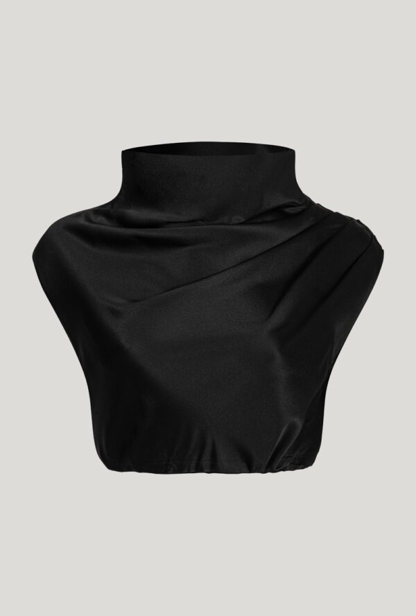 Silk black crop top with turtleneck and asymmetrical drapings