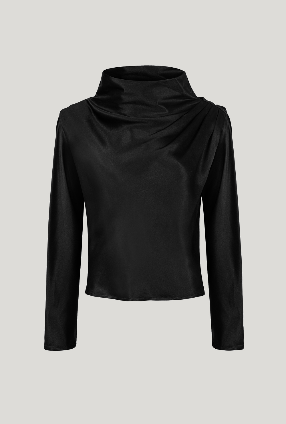 Silk satin cropped turtle neck blouse in black