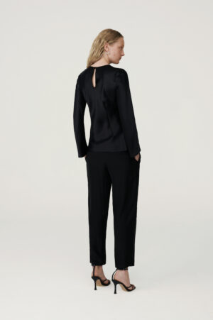 Black silk satin long-sleeved blouse and silk suit pants