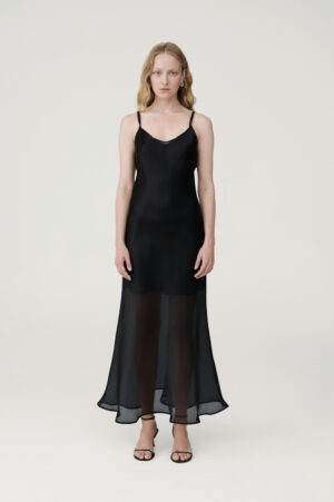 Black silk semi-transparent organza maxi dress