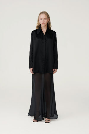 Black silk oversized shirt and semi-transparent organza maxi skirt