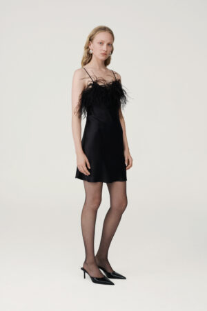 Black silk satin mini dress with feathers