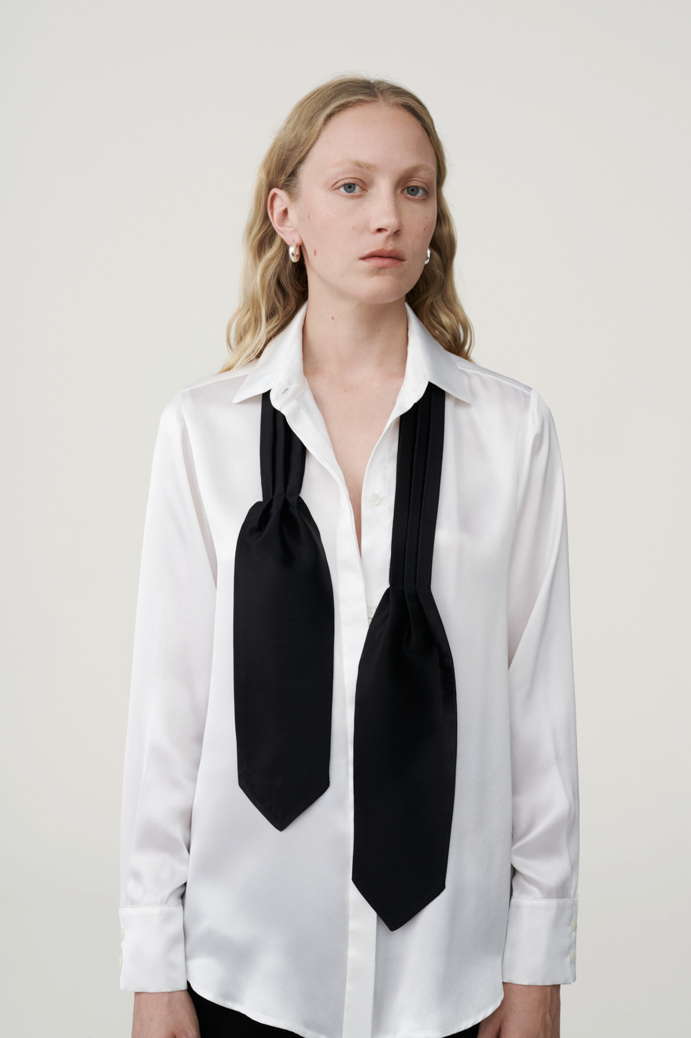 Black silk ascot tie and classic white shirt